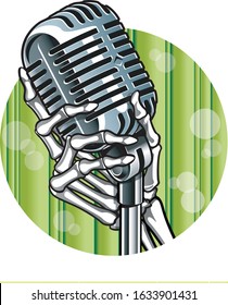 human skeleton hand holding vintage microphone