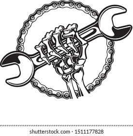 Human Skeleton Hand Holding Wrench 