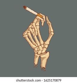 Human skeleton hands holding a smoldering cigarette. Dangers of smoking vector illustration.