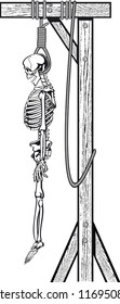 human skeleton hanging on the gallows