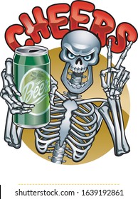 human skeleton holding beer can