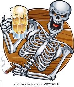 human skeleton holding cigar and beer mug