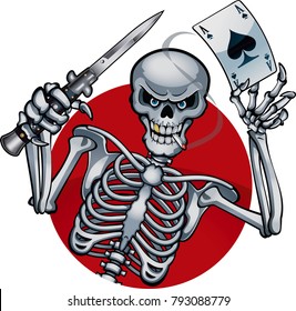 menschliches Skelett, das das Messer und die Karte hält, Pik-Ass