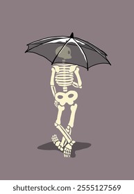 Human Skeleton Holding an Umbrella. Human Skeleton Posing. Spooky Illustration for Halloween. Suitable for Greeting Cards, Invitations, for Printing on Textiles, and More