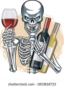 human skeleton holding wine glass and bottles of wine