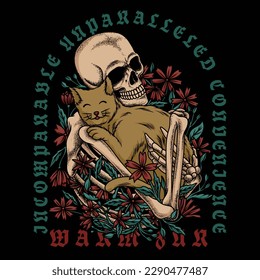 a human skeleton hugging a cute cat that looks very happy plus a beautiful background of red flowers, and green leaves.
