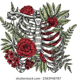 human skeleton with leaves and flowers