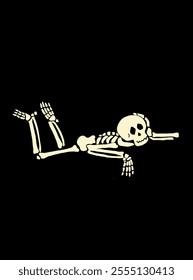 Human Skeleton Lying Down. Human Skeleton Posing. Spooky Illustration for Halloween. Black Background. Suitable for Greeting Cards, Invitations, for Printing on Textiles, and More