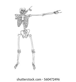 Human skeleton making DAB, perform dabbing dance move gesture, posing on white background. Vector.