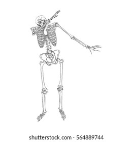 Human skeleton making DAB, perform dabbing dance move gesture, posing on white background. Vector.