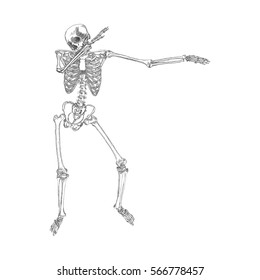 Human skeleton making DAB, perform dabbing dance move gesture, posing on white background. Vector.