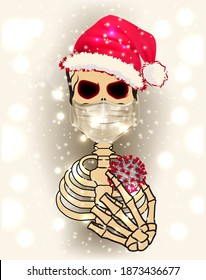 Human skeleton with medical mask and coronavirus covid-19 vector illustration	