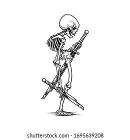 Plantilla de afiche de esqueleto humano oculto. Ilustración vectorial del esqueleto con dos espadas rotas en la técnica de grabado. Aislado sobre fondo blanco. 
