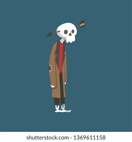 Human Skeleton in Old Shabby Clothes with Arrow in His Head, Zombie Cartoon Character Vector Illustration