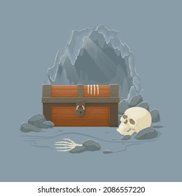 Human skeleton with old wooden chest in a cave. Pirate treasure, reward, danger, exploration. Cartoon style illustration. Vector.