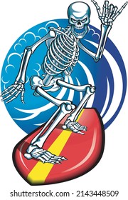 human skeleton on surfboard surfing wave