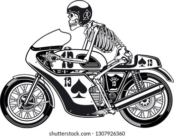 human skeleton on vintage racing motorcycle