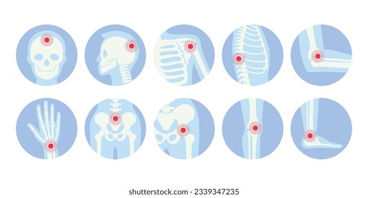 Human skeleton pain points icon set vector flat illustration