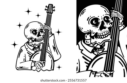 human skeleton playing a bass musical instrument