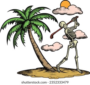 Esqueleto humano jugando al golf, Skeleton Golf, Skull golfer, Esqueleto de dibujo a mano en la playa.