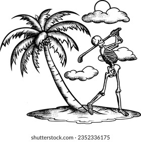 Esqueleto humano jugando al golf, Skeleton Golf, Skull golfer, Esqueleto de dibujo a mano en la playa.