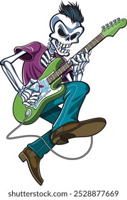 human skeleton playing on electric guitar