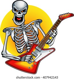 human skeleton playing on electric guitar