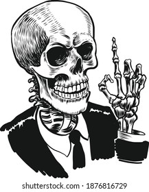 Human skeleton pointing up. Ink black and white vector illustration