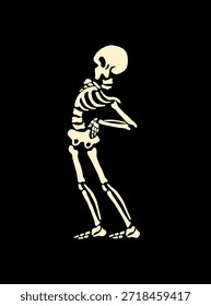 Esqueleto humano posa en dolor de espalda. Esqueleto humano posando. Espeluznante ilustración para Halloween. Fondo negro. Ilustración vectorial de diseño de estilo plano para estampados en camisetas y más.