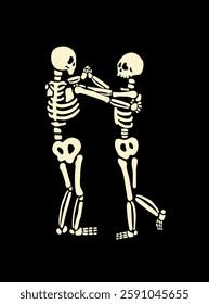 Human skeleton poses in a dancing. Human skeleton posing. Spooky illustration for halloween. Black background. Flat style design vector illustration for prints on t-shirts and more.