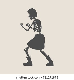 Human skeleton posing. Fighting pose. Vector illustration. Halloween party design template
