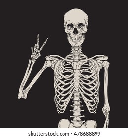 Human skeleton posing isolated over black background vector illustration