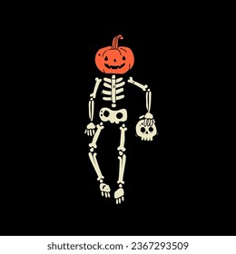 Human Skeleton with pumpkin holding own head. Hand drawn modern Vector illustration. Isolated design element. Poster, print template. Cute creepy character. Halloween, spooky, horror, holiday concept