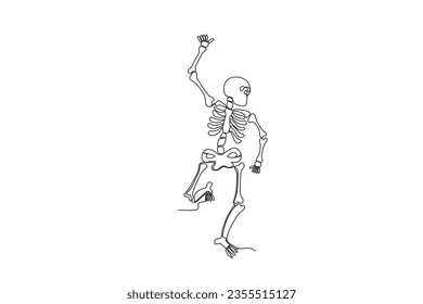 A human skeleton raises its hand while looking sideways. Human skeleton one-line drawing