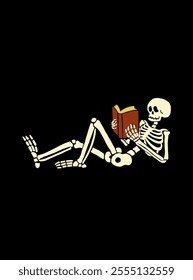 Human Skeleton Reading a Book. Human Skeleton Posing. Spooky Illustration for Halloween. Black Background. Suitable for Greeting Cards, Invitations, for Printing on Textiles, and More