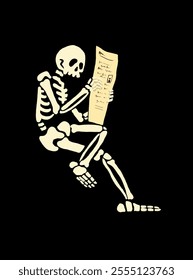 Human Skeleton Reading a Newspaper. Human Skeleton Posing. Spooky Illustration for Halloween. Black Background. Suitable for greeting cards, invitations, for printing on Textile and more.