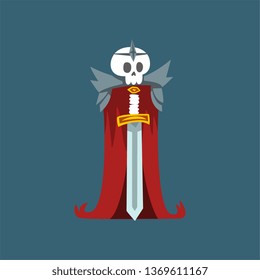 Human Skeleton in Red Cloak and Metal Headband with Sword, Dead Man Cartoon Character Vector Illustration