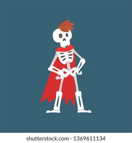 Human Skeleton in Red Cloak Standing with Hands on His Waist, Dead Man Zombie Cartoon Character Vector Illustration