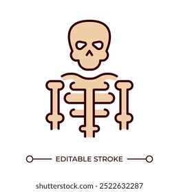 Human skeleton RGB color icon. Skull, bones and ribcage. Skeletal system. Halloween spooky illustration. Physiology. Isolated vector illustration. Simple filled line drawing. Editable stroke