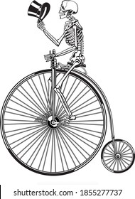 human skeleton riding antique penny farthing bicycle