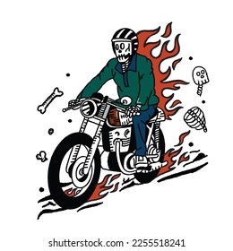 Human Skeleton Riding Motorcycle Vector Illustration 