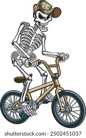 Human skeleton riding on a freestyle BMX moma bike