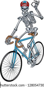 human skeleton riding retro racing bicycle