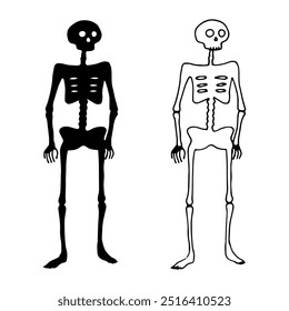 Human skeleton silhouette. Graphic illustration for Halloween or Day of the Dead and horror themes. Hand drawn linear shapes. Monochrome character clipart for scary holiday. Simple doodle style.