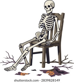 A human skeleton sits