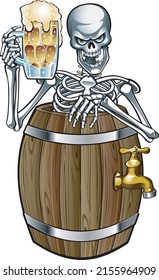 Human skeleton sitting in a beer barrel holding a glas of foaming beer