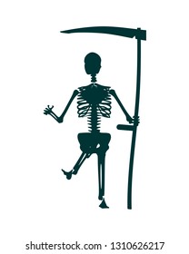Human skeleton sitting with scythe. Halloween party design template. Grim reaper