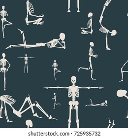Human skeleton sitting. Vector illustration. Halloween party design template. Seamless pattern.