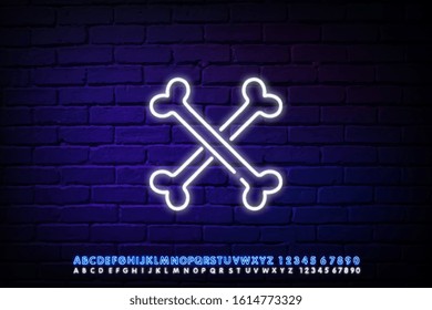 Human skeleton, skull, bones and candle neon signs set. Halloween party invitation design. Night bright neon sign, colorful billboard, light banner. Vector illustration in neon style.