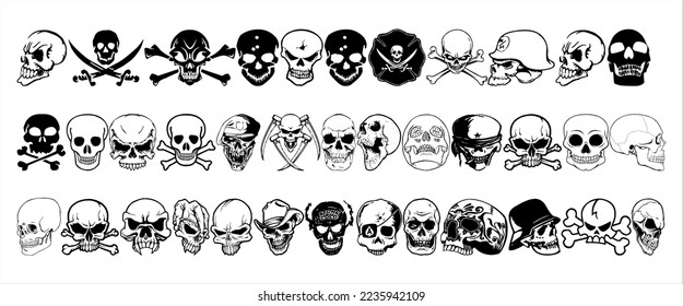 human skeleton skull logo, skull silhouette isolated on white background. skull vector, horrible human skull head silhouette clip art